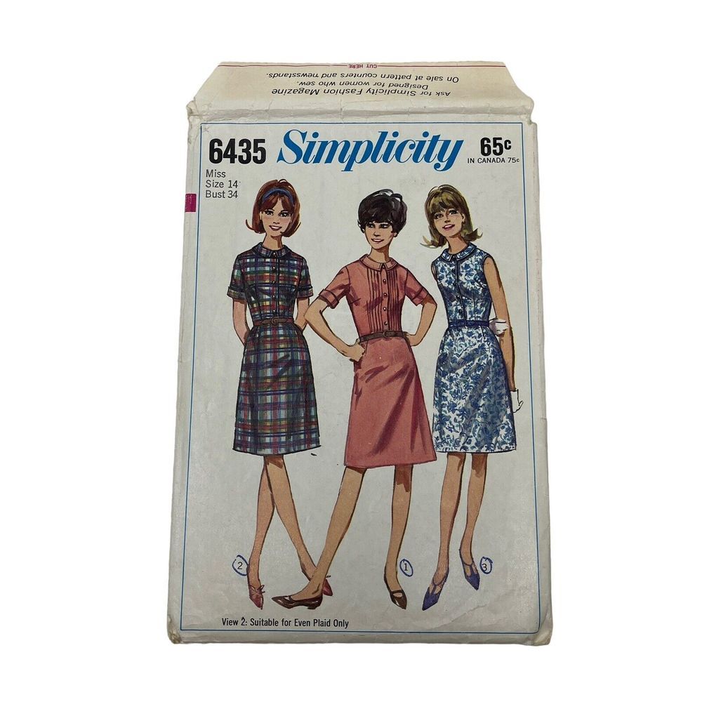 Simplicity Vintage Sewing Pattern Womens 6435 Size 14 CUT One Piece Dress Fitted